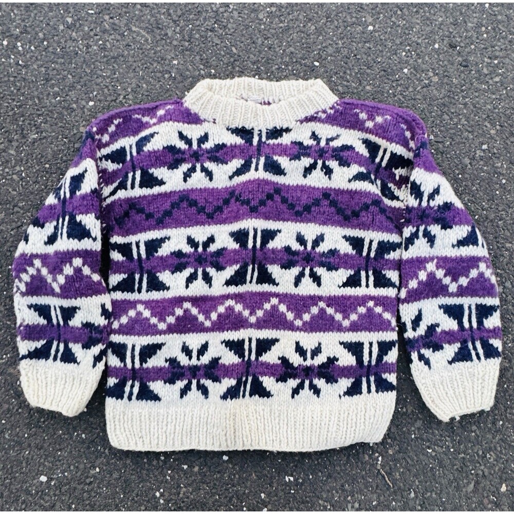 Vintage Nordic Fair Isle Wool Chunky Hand Knit Pullover Sweater Womens Large 80s